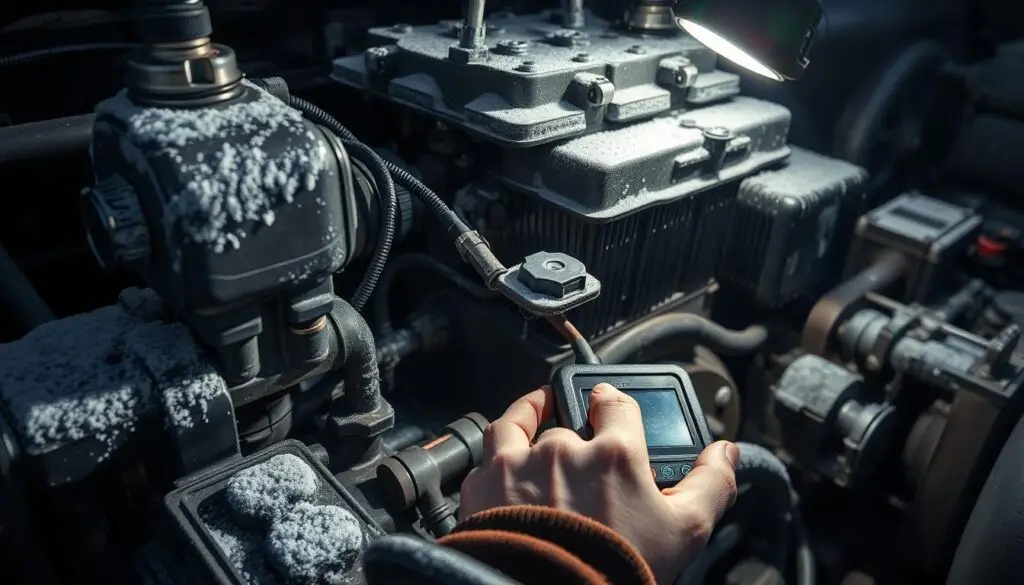 Mechanic testing diesel engine glow plugs and battery for cold weather diagnostic