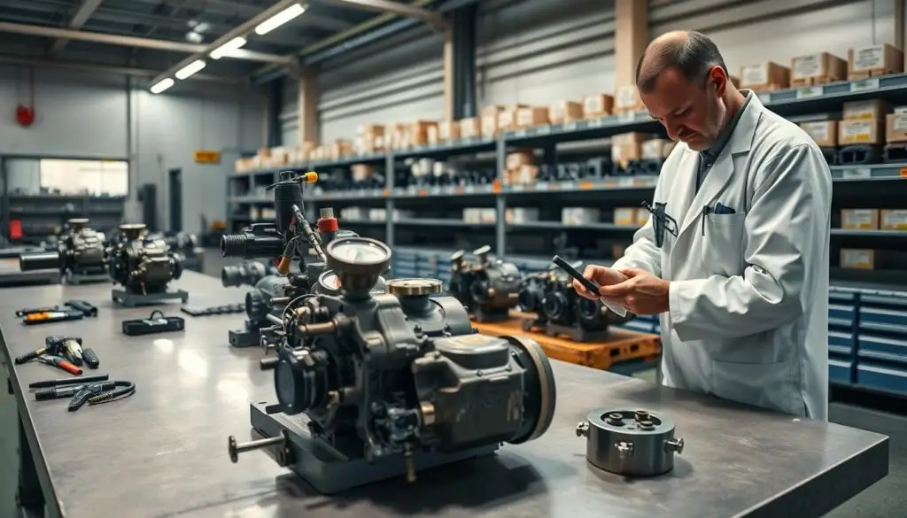 Quality control technician inspecting diesel component using precision measurement equipment