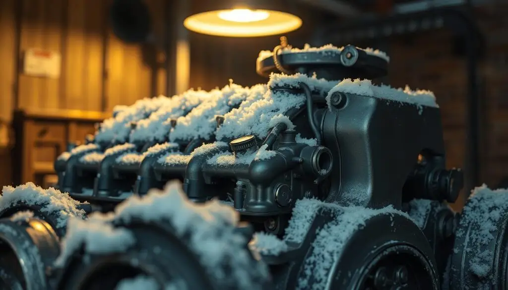 Diesel compression ignition process showing cold metal components absorbing heat in winter