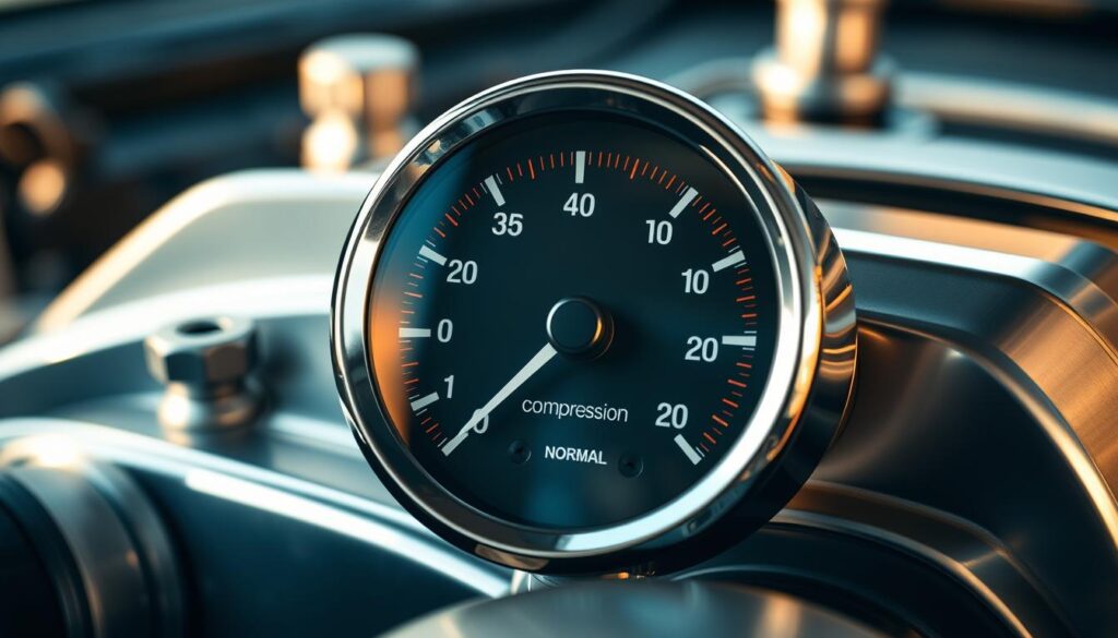 Compression gauge displaying normal diesel engine PSI readings during diagnostic test