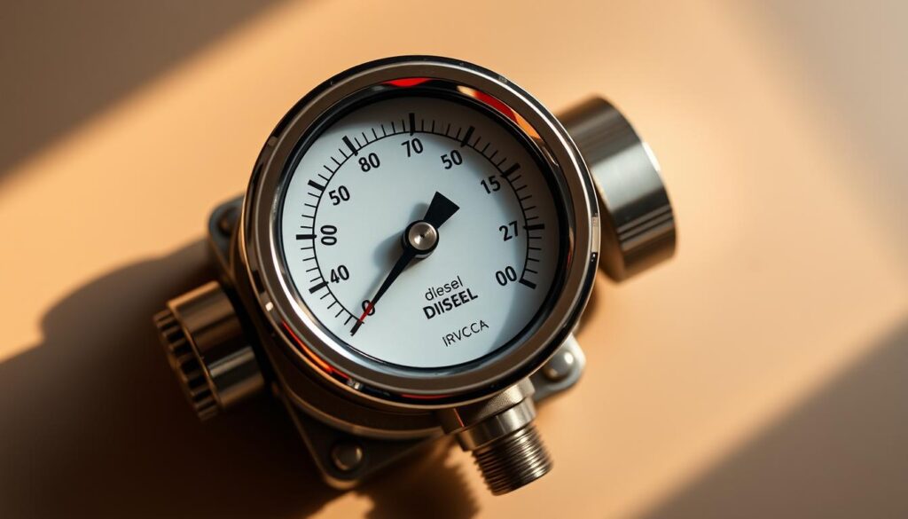 Professional diesel compression test kit showing analog gauge with adapter set in carrying case