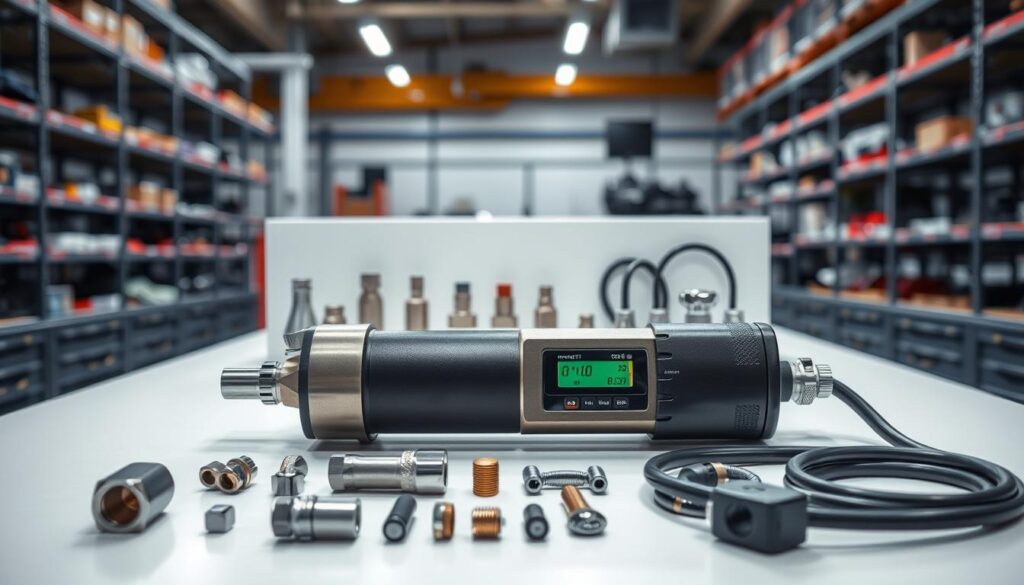 Heavy-duty diesel compression tester kit displayed with gauge, hose, and adapter components
