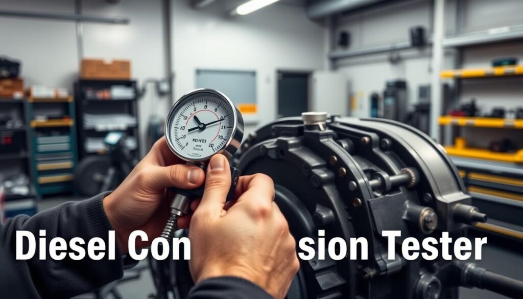 Technician performing diesel compression test procedure on heavy-duty engine