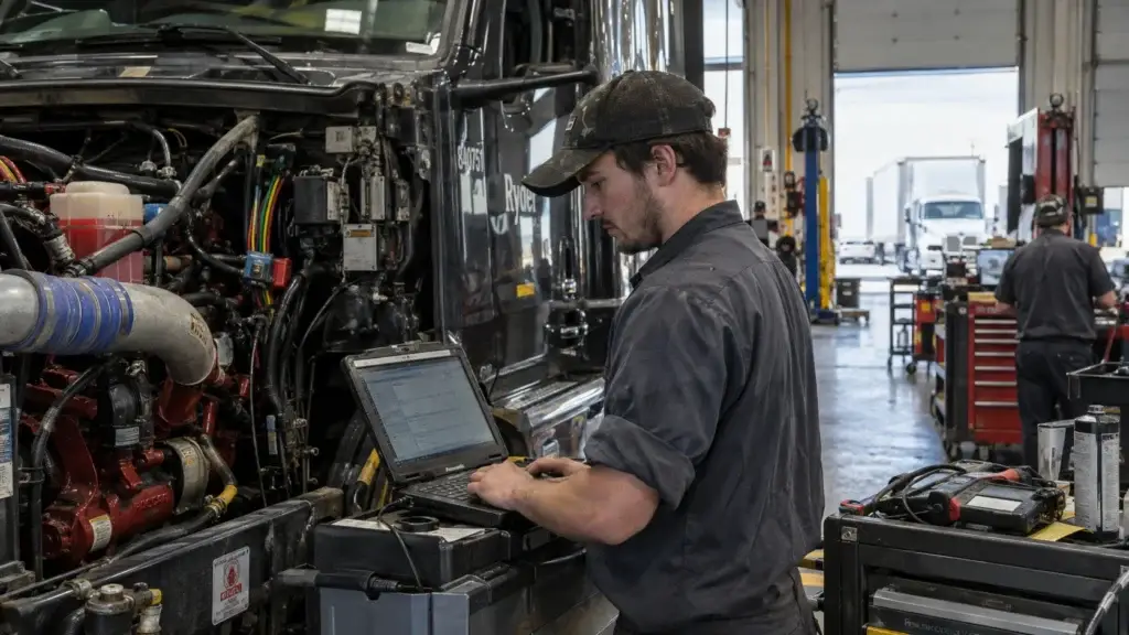 Diesel technician using a diagnostic laptop on a heavy-duty truck during advanced electronic diesel engine training in a commercial repair shop.