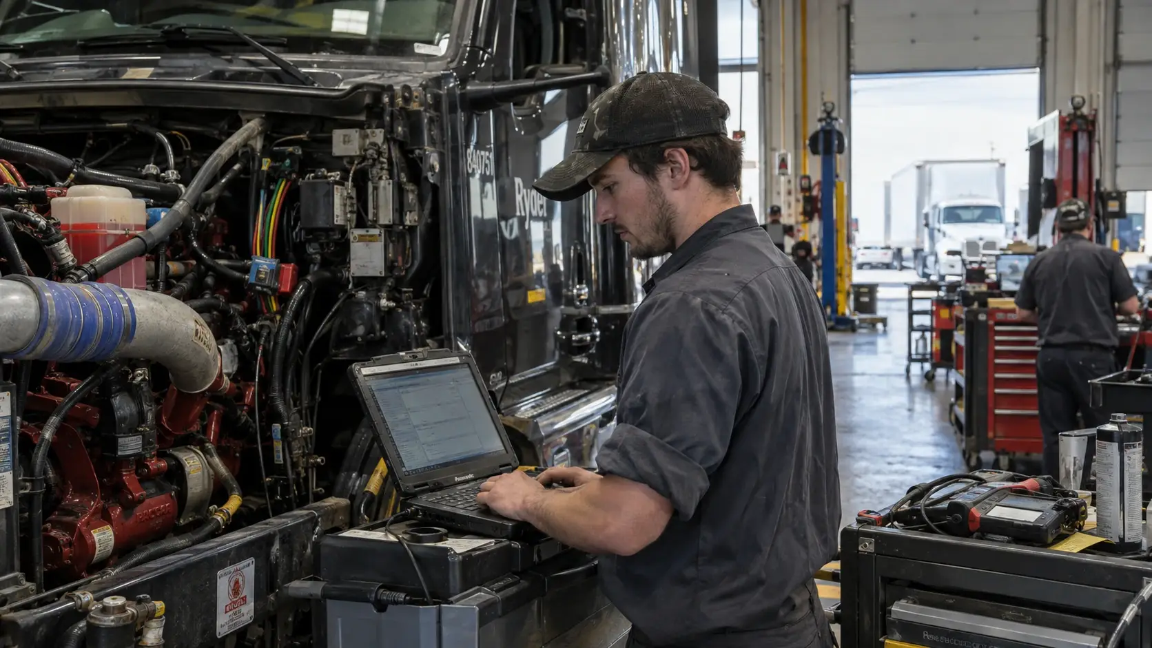 Diesel technician using a diagnostic laptop on a heavy-duty truck during advanced electronic diesel engine training in a commercial repair shop.