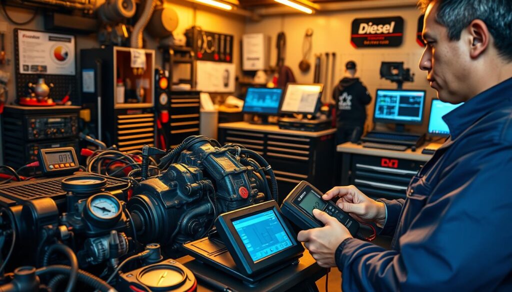 Technician using advanced scan tool for diesel engine diagnostics
