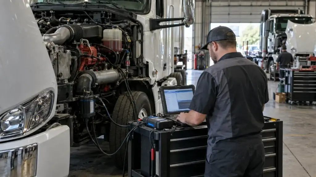 Diesel technician using diagnostic equipment and a laptop to troubleshoot a heavy-duty commercial truck in a repair shop.