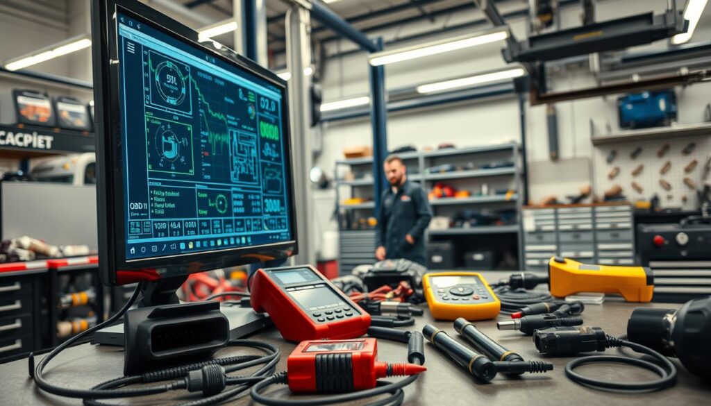 Professional diesel shop technician using diagnostic scan tool on commercial truck