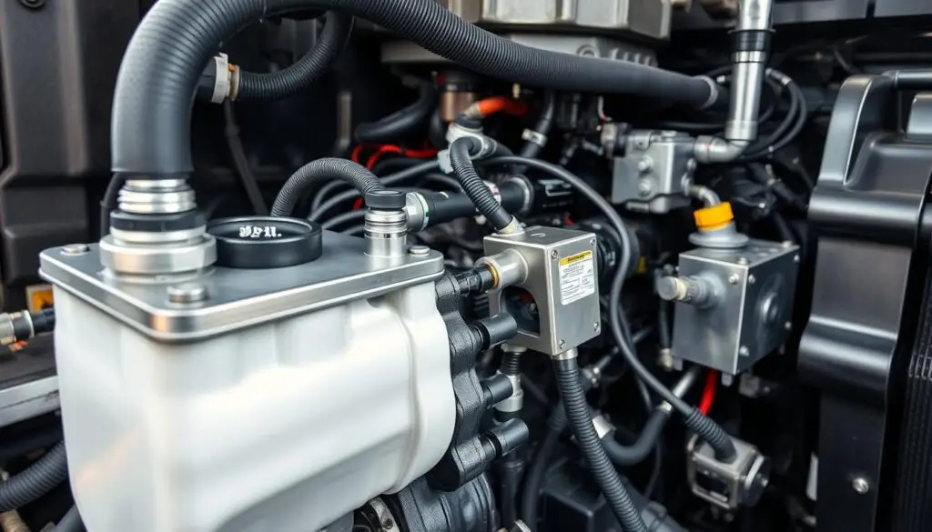 Technician performing visual inspection of diesel fuel system components