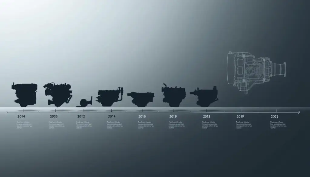 Timeline showing diesel emissions standards progression from 1974 to 2027 with NOx and PM limits