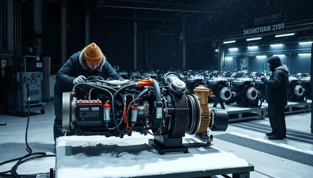 Technician performing battery load testing and cold cranking amp verification on diesel truck