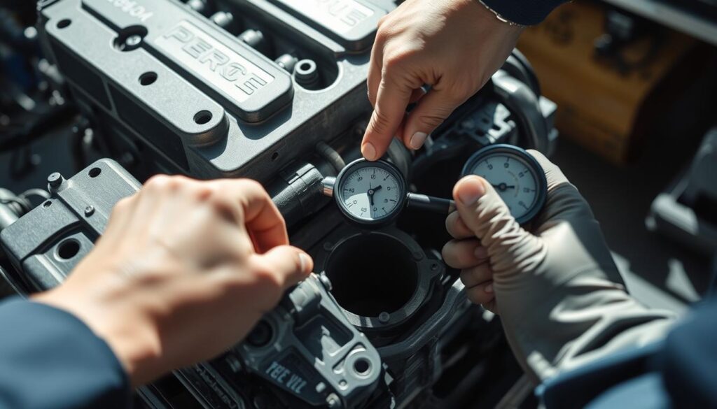 Diesel compression gauge connected to cylinder for head gasket testing