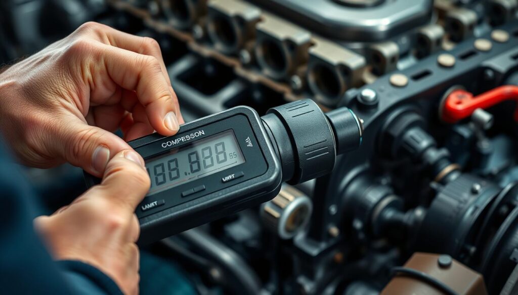 Diesel technician connecting compression tester to heavy-duty engine cylinder