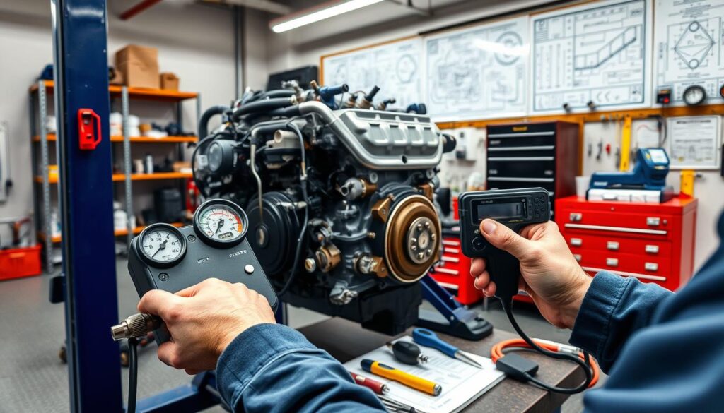 Diesel technician following compression testing procedure on heavy-duty engine