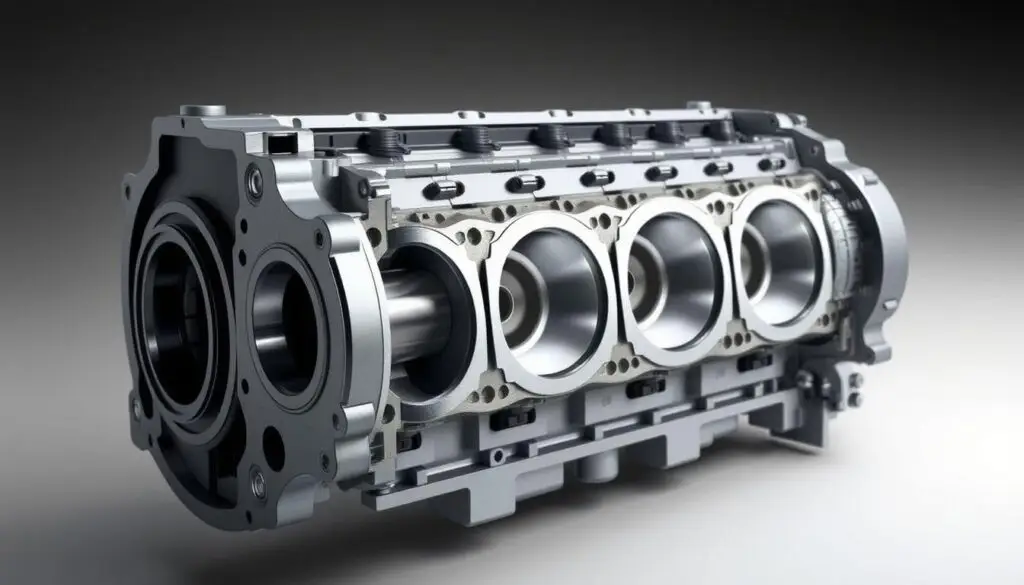 Diesel engine head gasket positioned between cylinder head and engine block showing combustion chamber sealing
