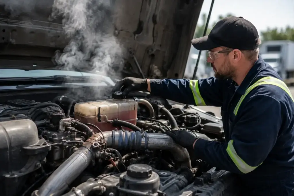 Diesel technician inspecting an overheating heavy-duty truck engine with visible steam from the cooling system, illustrating professional diagnostics, cooling system maintenance, and preventive engine repair.