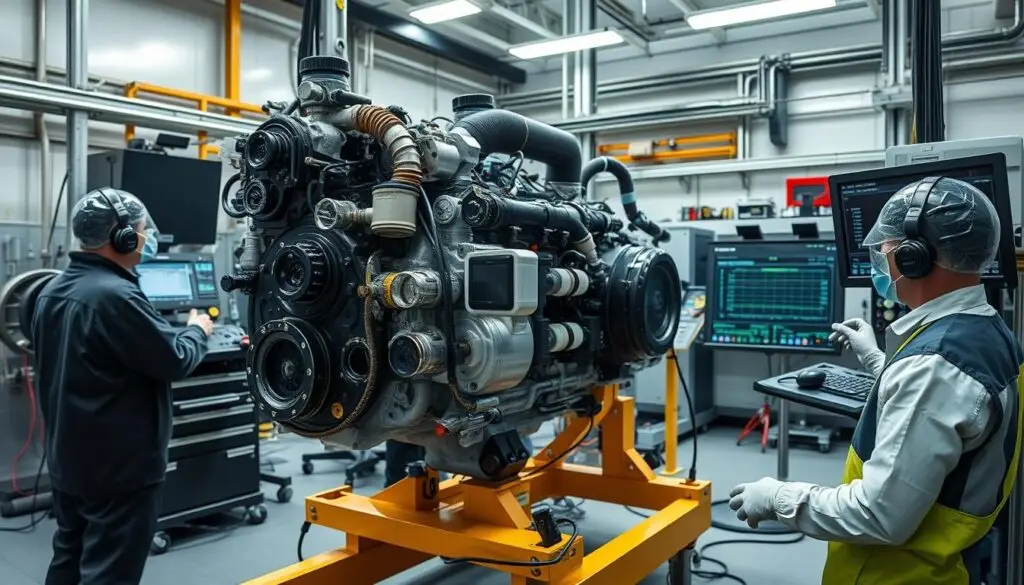 Diesel engine performance calibration process showing technician adjusting fuel delivery parameters