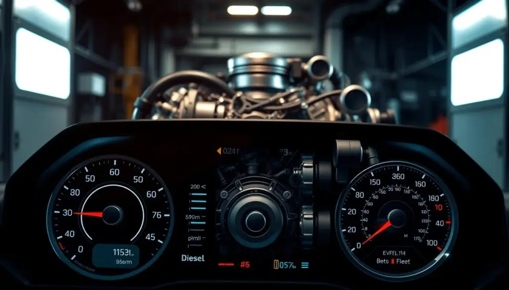 Diesel engine control panel with performance monitoring gauges in fleet maintenance bay