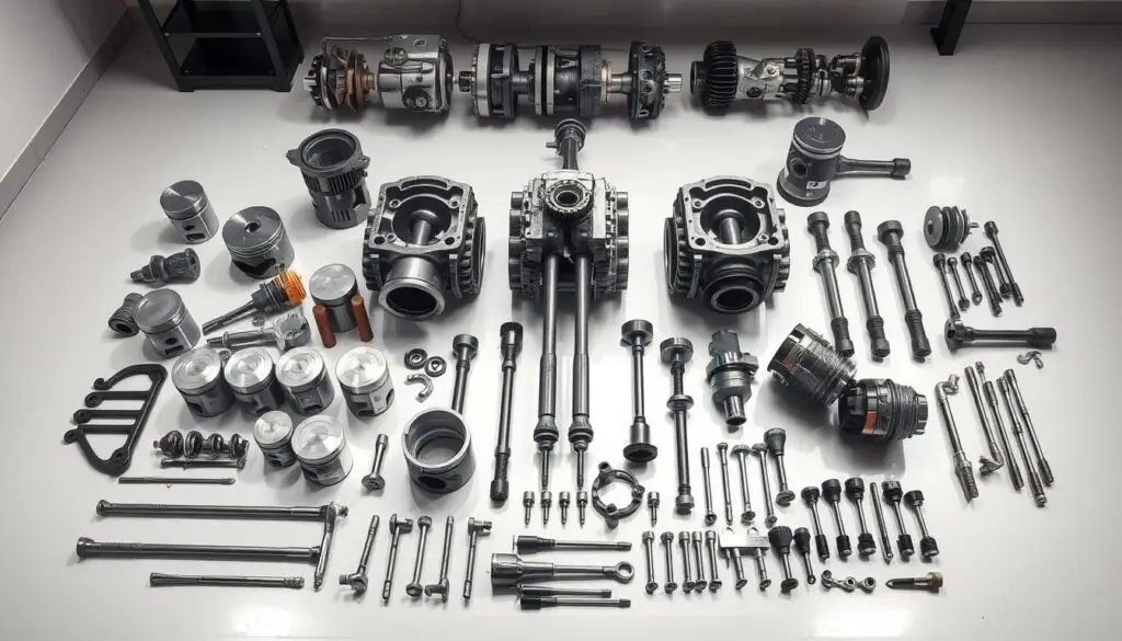 Diesel engine pistons and bearings laid out for rebuild showing specification markings