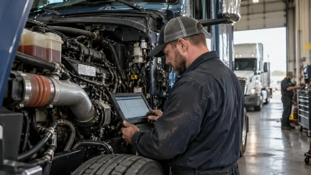 Diesel technician using a diagnostic scan tool to troubleshoot engine sensors on a heavy-duty commercial truck.