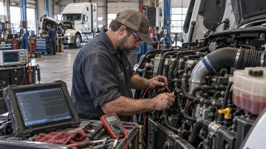 Diesel technician testing engine sensor wiring on a heavy-duty Class 8 truck using a multimeter and diagnostic equipment in a commercial repair shop.