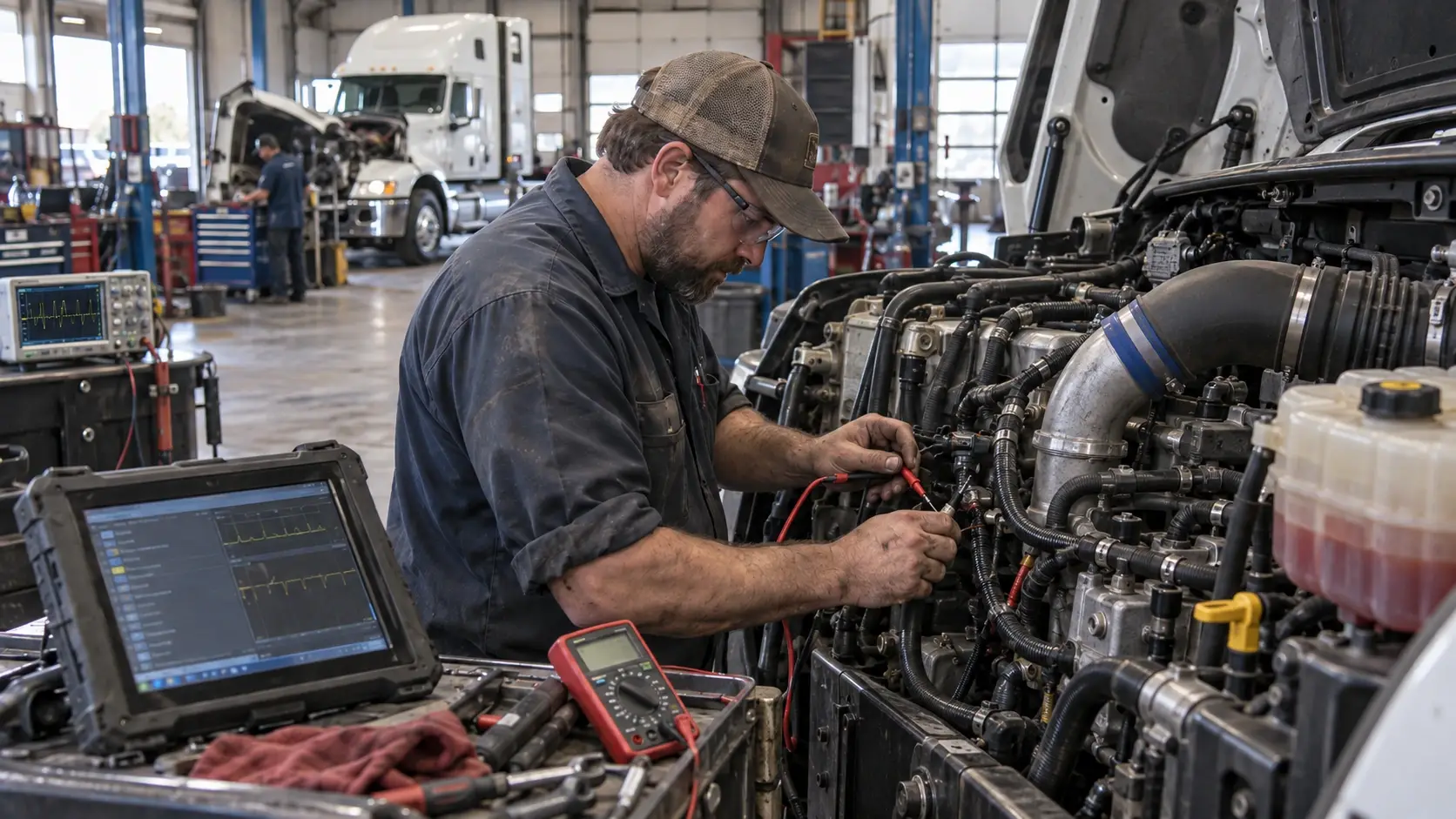 Diesel technician testing engine sensor wiring on a heavy-duty Class 8 truck using a multimeter and diagnostic equipment in a commercial repair shop.