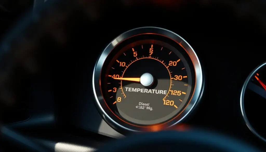 diesel engine overheating temperature gauge showing normal operating range