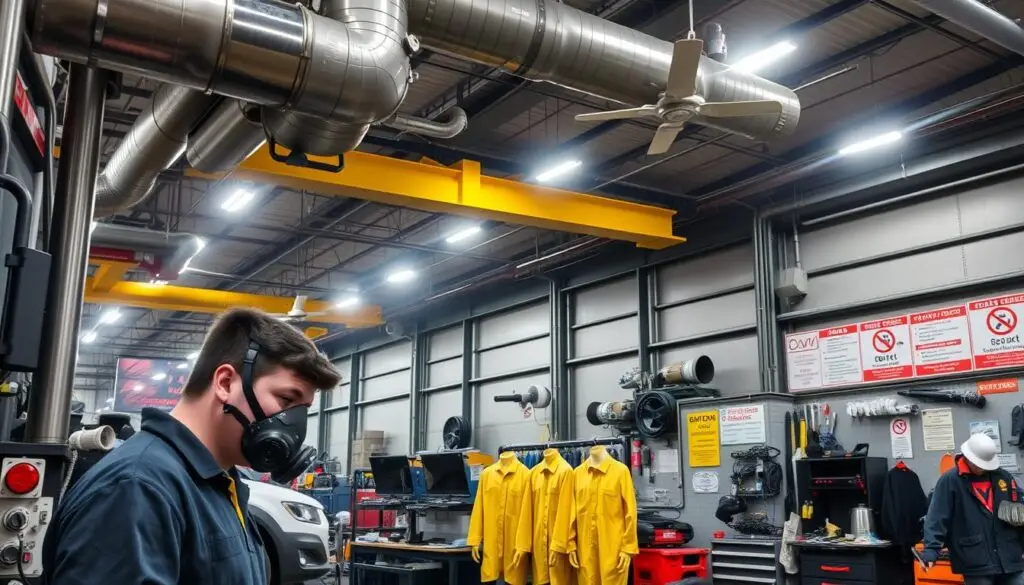 Diesel shop exhaust ventilation system capturing emissions at tailpipe to protect workers