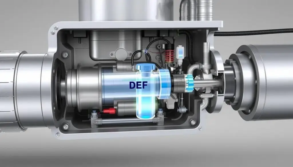 Diesel exhaust fluid being injected into an SCR system exhaust stream