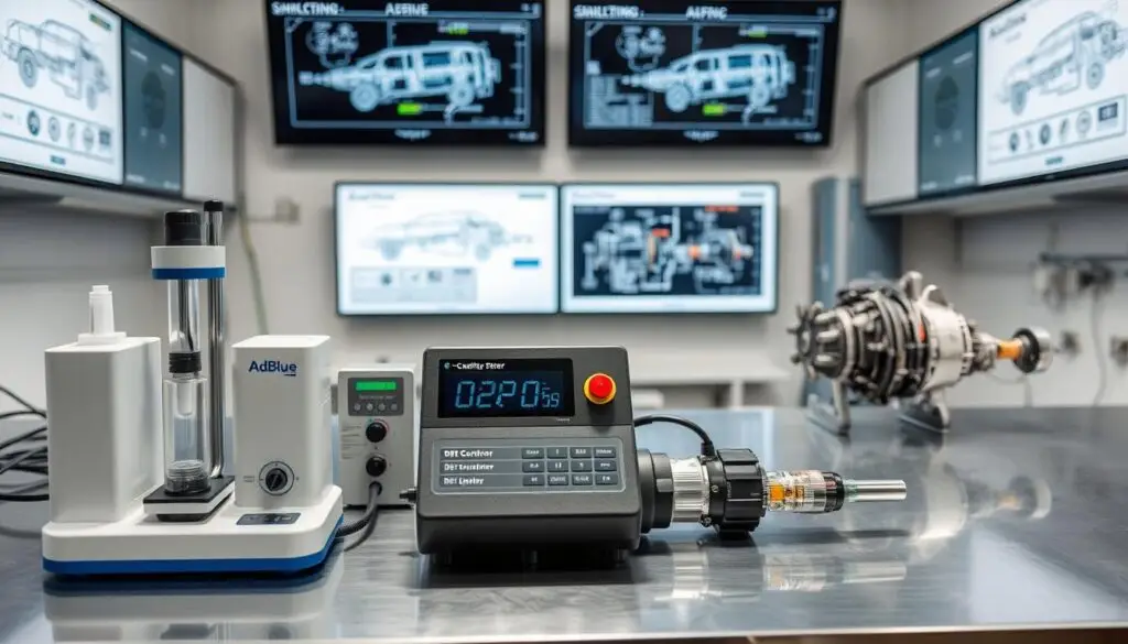 DEF system diagnostics equipment showing diesel exhaust fluid testing and SCR components