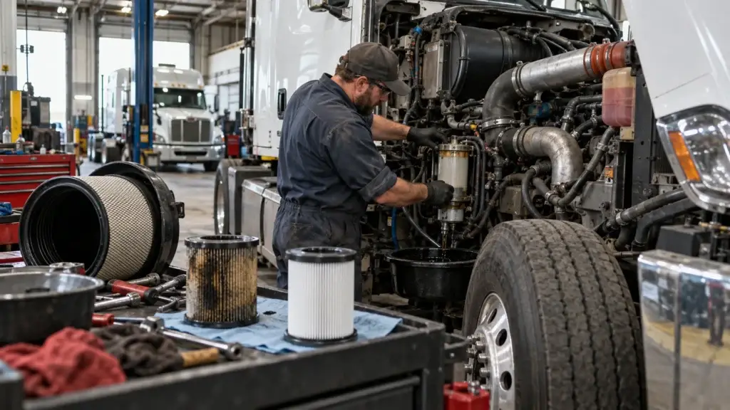 Diesel technician servicing oil, fuel, and air filtration components on a heavy-duty truck engine during preventive maintenance in a commercial repair shop.