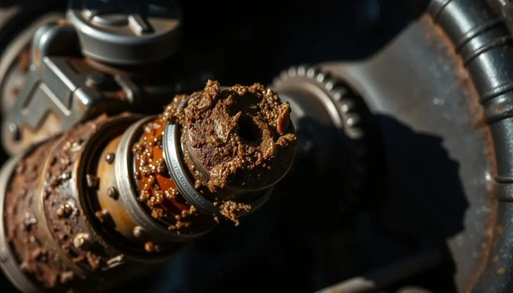 Contaminated diesel fuel filter showing debris and water that damages injectors