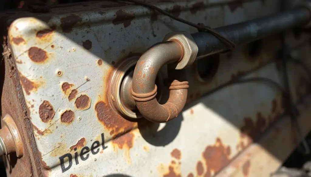 Corroded diesel fuel cooler with visible pitting and surface degradation