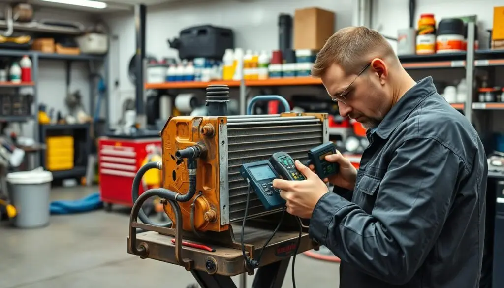 Technician performing pressure test on diesel fuel cooling system with diagnostic equipment