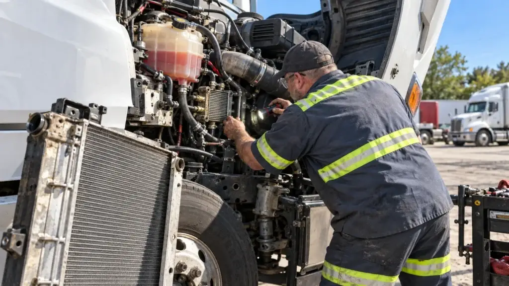 Diesel technician inspecting the fuel cooler and cooling system components on a heavy-duty semi-truck while diagnosing possible fuel and coolant cross-contamination.
