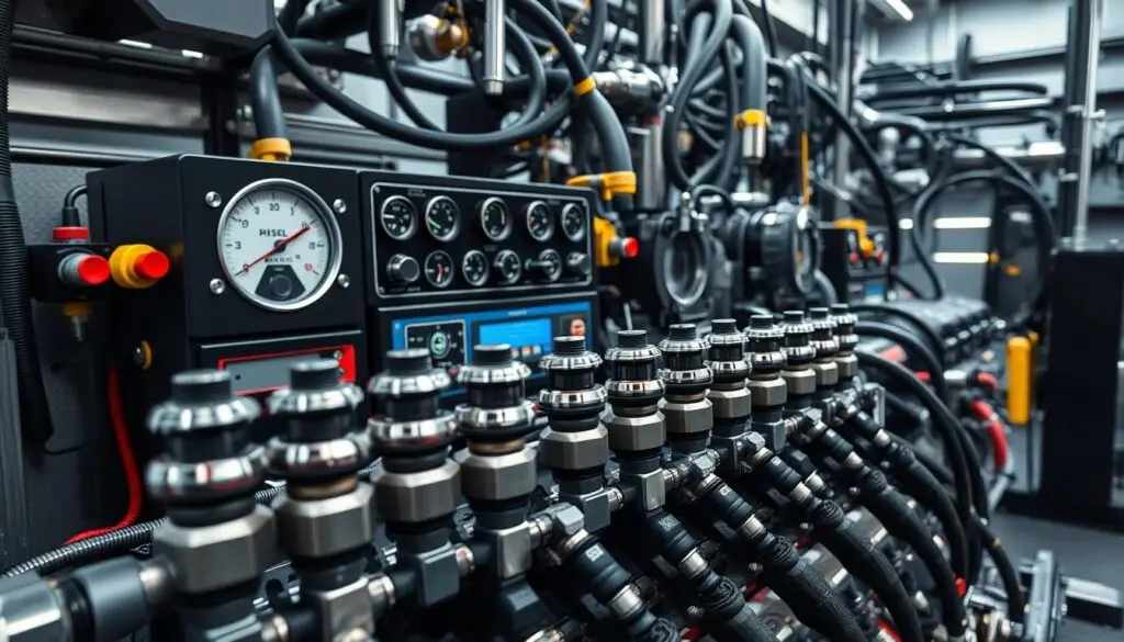 Diesel fuel delivery system calibration process showing common rail injectors and high-pressure pump components