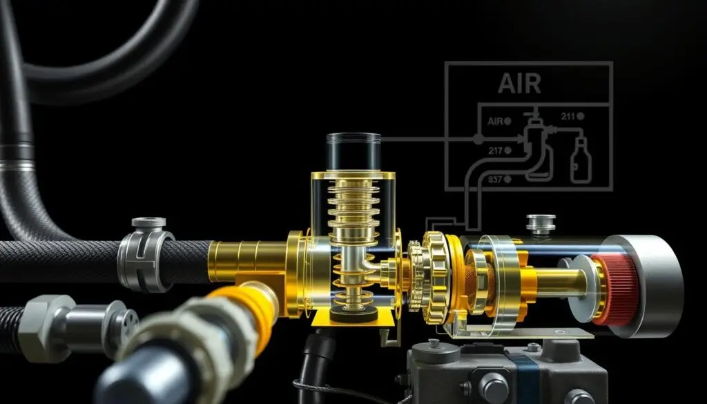 Diesel fuel delivery system diagram showing negative pressure zones from tank to injection pump