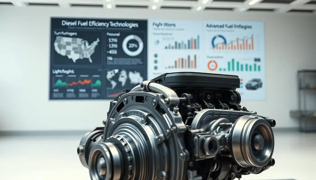 Modern diesel engine cutaway showing variable geometry turbocharger and efficiency components