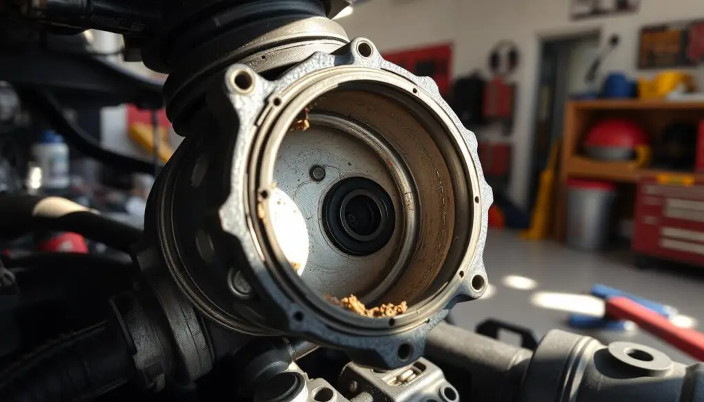 Technician inspecting diesel fuel filter housing for air leak sources