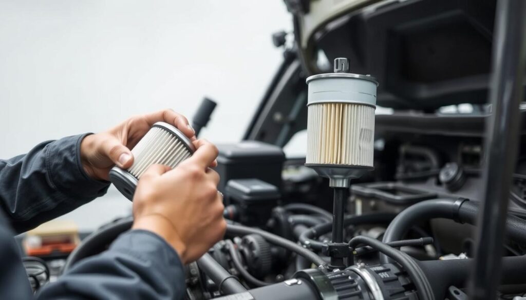 Step-by-step diesel fuel filter replacement showing filter removal and installation process
