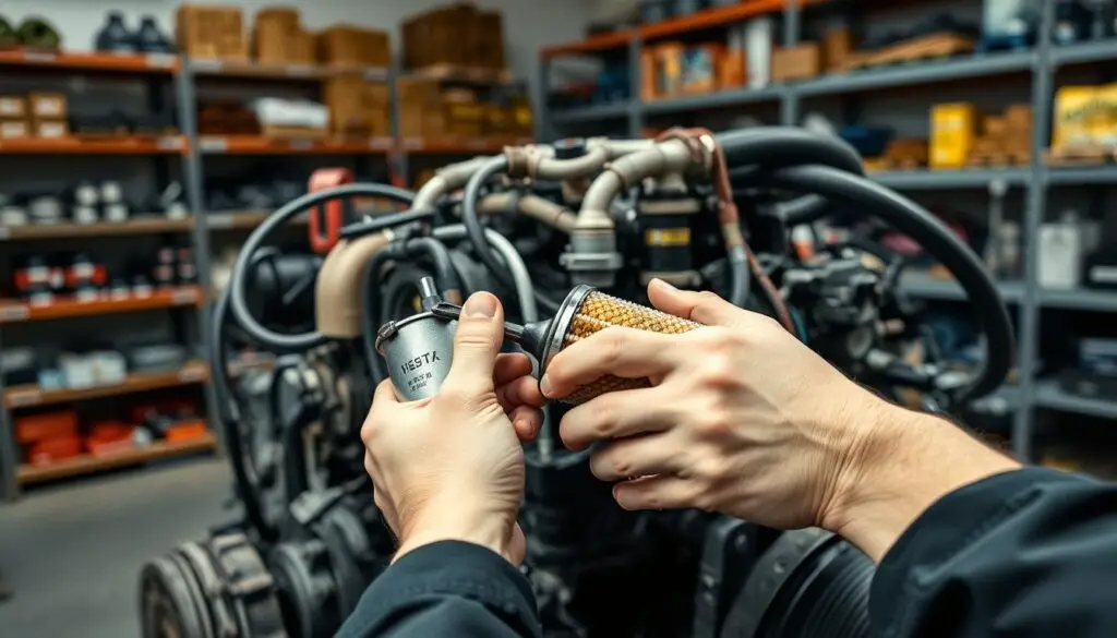 Diesel mechanic hands replacing fuel filter element with new filter and proper tools visible