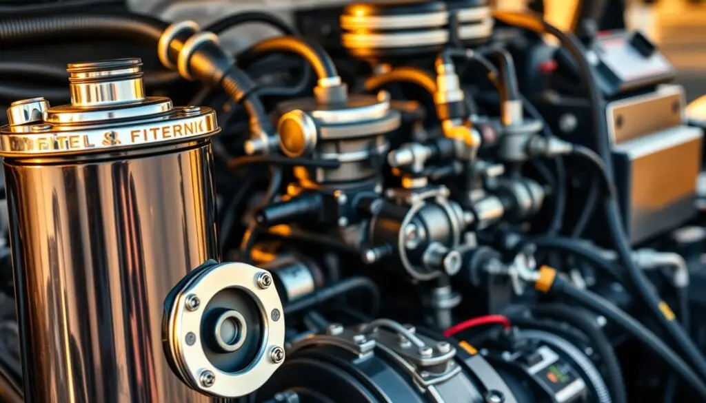 Cutaway view of diesel fuel filtration system showing primary and secondary filter components