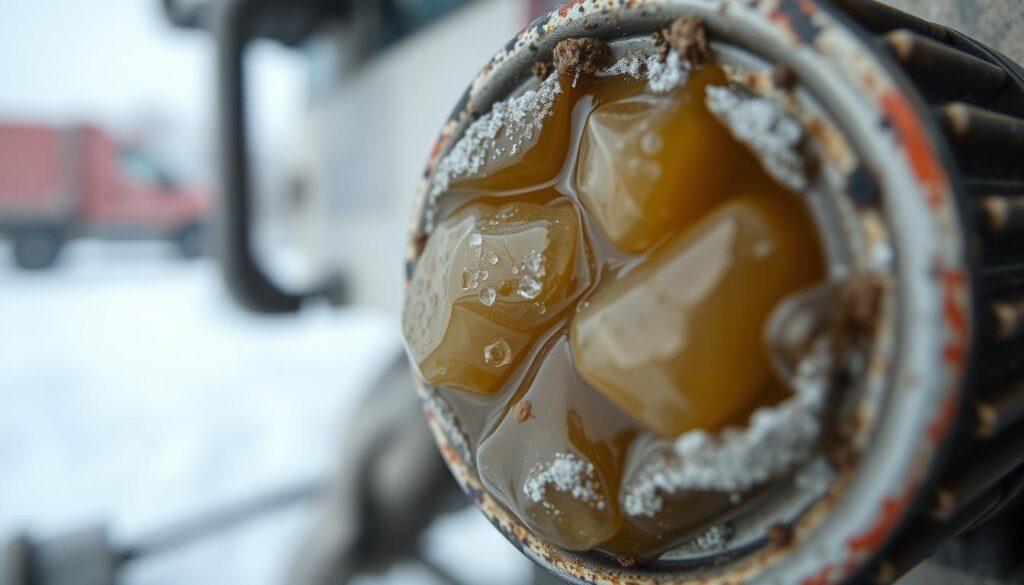 Diesel fuel filter showing wax crystal blockage from cold weather gelling