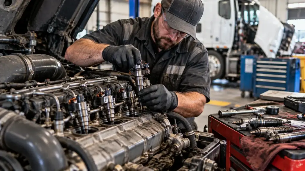 Diesel technician diagnosing and servicing fuel injectors on a heavy-duty truck engine in a commercial repair shop, with removed injectors and tools arranged on a nearby workbench.