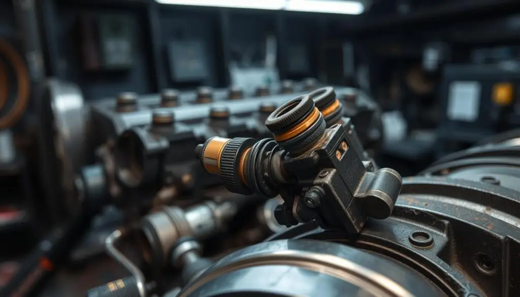 Close-up of damaged diesel fuel injector with carbon deposits affecting spray pattern