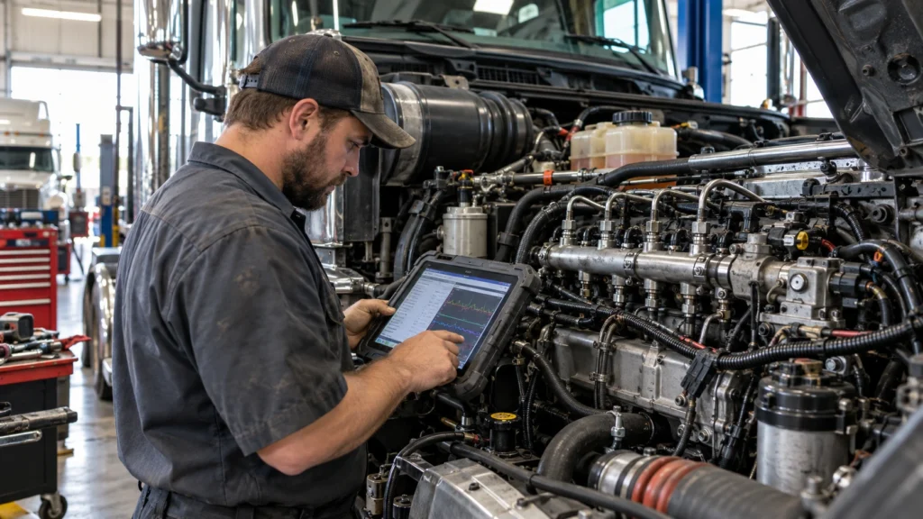 Diesel technician using a diagnostic tablet to evaluate common-rail fuel pressure and pressure-control components on a heavy-duty truck engine inside a commercial repair shop.