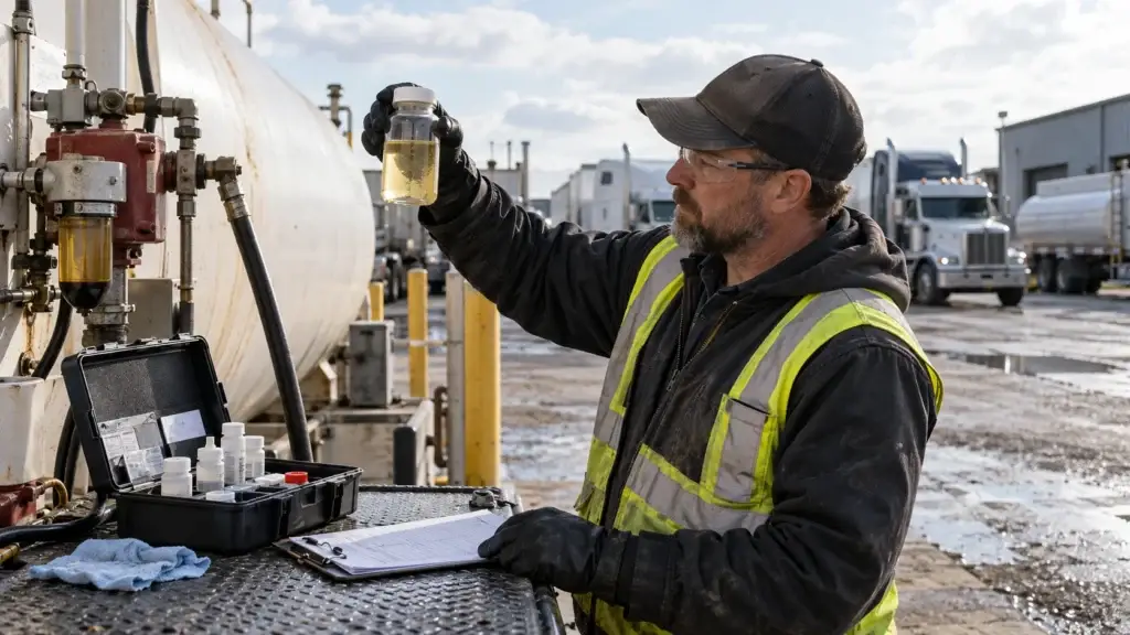 Fleet maintenance professional inspecting a diesel fuel sample beside a bulk storage tank at a commercial truck yard, with fuel testing supplies and heavy-duty trucks in the background.