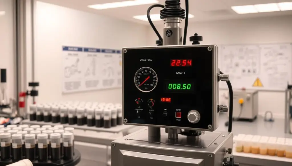 Laboratory technician measuring fuel quality parameters using specialized testing equipment