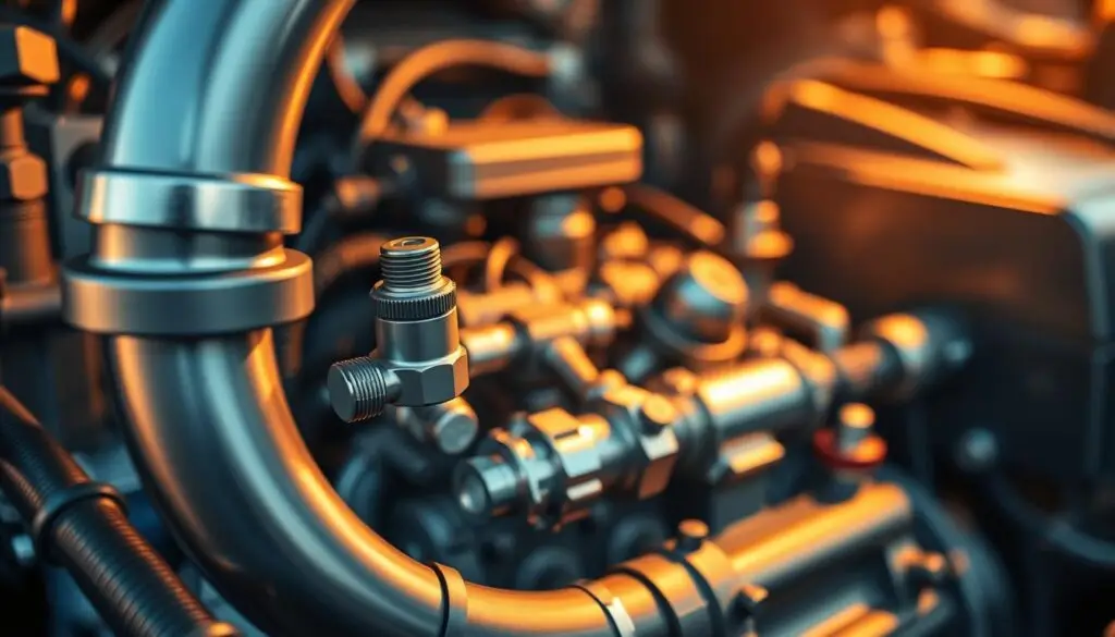 Diesel fuel return line system showing injector connections and return path to tank