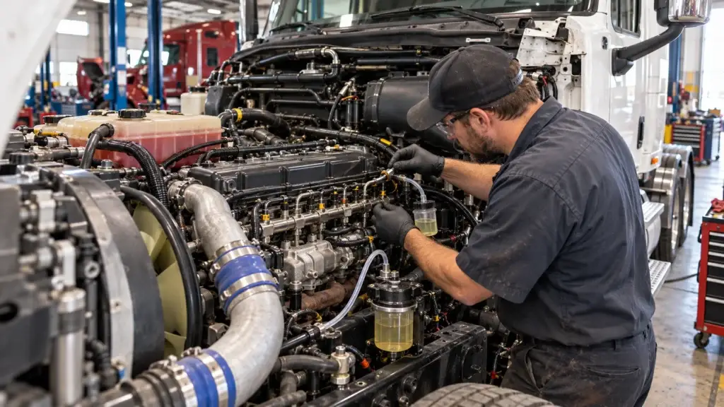 Heavy-duty diesel technician diagnosing fuel return lines and fittings in a realistic Class 8 truck engine compartment inside a commercial repair shop.